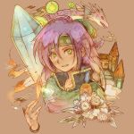  1girl bouquet brown_background castle crystal cuts dragon ear_piercing faris_scherwiz final_fantasy final_fantasy_v flower headband injury light_smile piercing popped_collar simple_background smile syldra tamiko_(tamiko_jp) traditional_media 