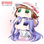  blue_eyes blue_hair brown_hair chewing chibi chihyaa green_eyes haruka-san hat idolmaster nanatsuki_(arca-nize) puchimasu! ribbon sweatdrop 