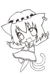  1girl animal_ears cat_ears cat_tail chen chibi earrings hat jewelry lineart lowres monochrome nagamo_sakana short_hair simple_background solo tail touhou 