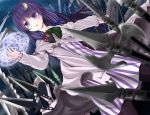  1girl a_(aaaaaaaaaaw) blurry book crescent depth_of_field dress dutch_angle hair_ornament hair_ribbon halberd long_hair magic_circle patchouli_knowledge polearm purple_hair ribbon solo sword touhou violet_eyes weapon 