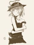  1girl blush dated hat kawashina_(momen_silicon) looking_at_viewer monochrome nagae_iku simple_background solo strap_slip touhou 