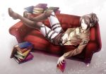  1girl achikoako book boots brown_hair couch dated glasses hanji_zoe holding holding_book jacket knee_boots looking_at_viewer lying on_back parted_lips ponytail shingeki_no_kyojin signature smile solo thigh_strap uniform 