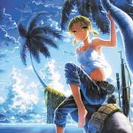  ammunition_belt arm_up armpits barefoot blonde_hair breasts clouds condensation_trail crop_top flask green_eyes gun horizon in_tree leg_up looking_at_viewer ocean palm_tree pants pants_rolled_up rifle short_hair short_twintails siqi_(miharuu) sitting sitting_in_tree sky smile sniper_rifle tree twintails water weapon wind 