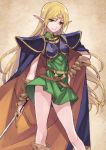  1girl armor bare_legs blonde_hair boots cape circlet deedlit elf green_eyes hand_on_hip long_hair looking_at_viewer matsuryuu pointy_ears record_of_lodoss_war smile solo sword weapon 