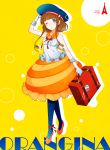  1girl bare_shoulders beret blue_eyes blue_legwear briefcase brown_hair bubble_skirt chikage_(kinokodou) eiffel_tower flat_chest flats food_themed_clothes gloves hat highres orangina pantyhose personification short_hair solo white_gloves wink yellow_background 