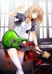  1girl 440 amplifier blonde_hair blue_eyes guitar instrument looking_at_viewer open_mouth original short_hair skirt smile solo stratocaster thigh-highs twintails 