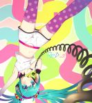  1girl aqua_eyes aqua_hair arm_up armpits blush copyright_name hatsune_miku hym9594 midriff navel phone polka_dot polka_dot_legwear re:dial_(vocaloid) skirt smile solo thigh-highs twintails upside-down vocaloid 