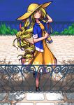  1girl absurdres bottle braid dress france hair_ribbon hat highres long_hair milk_tea open_clothes open_shirt orangina personification ribbon single_braid sleeves_rolled_up solo sun_hat very_long_hair yellow_eyes 