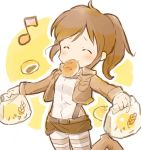  1girl ^_^ bag blush bread bread_in_mouth brown_hair chibi closed_eyes food happy jacket mouth_hold musical_note paper_bag ponytail sasha_browse shingeki_no_kyojin shirotaka_(shirotaka) solo 