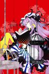  1girl birdcage book cage crescent crossed_legs earrings flower hat jewelry lily_(flower) long_hair open_book pantyhose patchouli_knowledge purple_hair reading red_background sitting solo touhou tsurukame very_long_hair violet_eyes yellow_legwear 