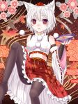  1girl animal_ears bird breasts detached_sleeves fish flower hat ikeda_yuuki inubashiri_momiji leaf looking_at_viewer maple_leaf open_mouth pantyhose red_eyes sakazuki seigaiha short_hair skirt smile solo tagme tokin_hat touhou white_hair wolf_ears 