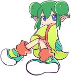  1girl blue_eyes double_bun green_hair horns lowres official_style pointy_ears puyopuyo puyopuyo_fever rider_(puyopuyo) shoes short_hair skirt sleeves_past_wrists smile solo white_background yamada_(kamett) 