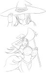  1girl bouncing_breasts breasts comic detached_sleeves dragon&#039;s_crown dress hat highres huge_breasts long_hair matsu-sensei monochrome running silent_comic solo sorceress_(dragon&#039;s_crown) wand witch_hat 