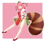  1girl bandages bare_legs bun_covers cosplay double_bun flower futatsuiwa_mamizou ganmaganmo glasses highres ibaraki_kasen ibaraki_kasen_(cosplay) leaf leaf_on_head pink_hair puffy_sleeves raccoon_tail red_eyes rose shackle short_sleeves skirt_hold slippers slit_pupils smile tabard tail touhou 