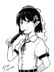  1girl arm_behind_back dated feathers hat kawashina_(momen_silicon) looking_at_viewer monochrome pointy_ears shameimaru_aya short_hair simple_background smile solo tokin_hat touhou white_background 
