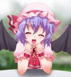  1girl ascot bat_wings blue_hair blush brooch byeontae_jagga hat hat_ribbon jewelry open_mouth remilia_scarlet ribbon short_hair smile solo table touhou wings wrist_cuffs 