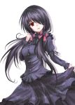  1girl black_dress date_a_live dress flower hair_ornament long_hair long_sleeves open_mouth puffy_sleeves purple_rose red_eyes rose short_twintails solo tokisaki_kurumi twintails very_long_hair white_background 