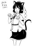  1girl animal_ears blush cat_ears cat_tail dated kawashina_(momen_silicon) kemonomimi_mode looking_at_viewer monochrome open_mouth paw_pose shameimaru_aya short_hair simple_background skirt smile solo tail touhou white_background 