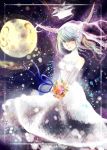  1girl aqua_hair bare_shoulders bouquet bride dress ex-keine flower frame full_moon gown hat hat_removed headwear_removed horns kamishirasawa_keine koamacha moon night orange_eyes ribbon sleeveless sleeveless_dress solo touhou veil wedding_dress white_dress 