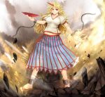 1girl alcohol blonde_hair breasts chain clog_sandals cuffs geta horn hoshiguma_yuugi long_hair oni red_eyes sakazuki sake serizawa_mutsuki shackle skirt smile solo tagme touhou