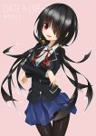  1girl absurdres black_hair character_name crossed_arms date_a_live english hair_over_one_eye heterochromia highres long_hair looking_at_viewer neko7 open_mouth pantyhose pink_background red_eyes ribbon school_uniform smile solo tagme tokisaki_kurumi twintails yellow_eyes 