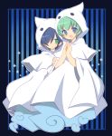  1boy 1girl blue_background blue_eyes blue_hair ghost ghost_tail green_eyes green_hair hair_over_one_eye hands_together hood puyopuyo puyopuyo_fever ramune_(ramu33) rei-kun shawl short_hair smile striped striped_background yu-chan 