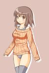  1girl a-ktoo brown_hair highres leotard looking_at_viewer original red_eyes ribbed_sweater short_hair smile solo standing sweater thighhighs 
