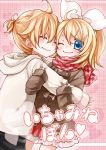  blonde_hair blue_eyes hoodie hug kagamine_len kagamine_rin momomochi scarf smile vocaloid wink 