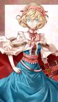  1girl alice_margatroid blonde_hair blue_dress blue_eyes book capelet dress embellished_costume grimoire hairband hand_on_hip kozou_(soumuden) looking_at_viewer obi sash short_hair solo touhou 