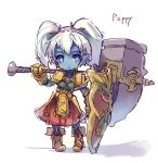  blue_eyes blue_skin character_name dress gauntlets hammer league_of_legends leather_boots pointy_ears poppy shield shoulder_plates sketch twintails ukyo_rst weapon white_hair 