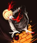 1girl ascot black_dress blonde_hair darkness dress energy_ball glowing glowing_eyes hair_ribbon kozou_(soumuden) long_sleeves looking_at_viewer outstretched_arm outstretched_hand red_eyes red_shoes ribbon rumia shirt shoes short_hair solo torn_ribbon touhou 