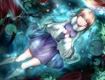  1girl blonde_hair dress floating hands_on_own_chest hat headwear_removed hizagawa_rau leaf lily_pad moriya_suwako partially_submerged pink_eyes smile solo thigh-highs touhou tree water white_legwear 