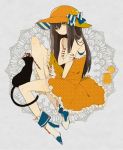  1girl atori12 black_cat brown_hair cat dress hat long_hair orange_eyes orangina personification ribbon sun_hat 