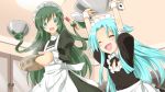  2girls ^_^ apron aqua_eyes aqua_hair arms_behind_back bowl character_request closed_eyes green_hair haiyore!_nyaruko-san long_hair maid maid_headdress multiple_girls open_mouth oven_mitts personification pot prehensile_hair shantak_(nyaruko-san) smile yuto 