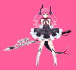  1girl 30re blue_eyes blush detached_sleeves dress fate/extra_ccc fate_(series) horns lancer_(fate/extra_ccc) long_hair pink_background pink_hair pointy_ears pointy_shoes polearm simple_background solo spear tail two_side_up weapon 