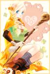  1girl bianca blonde_hair blue_eyes boots bracelet braid breasts cape cleavage detached_sleeves dragon_quest dragon_quest_v flower hair_flower hair_ornament jewelry kiisa long_hair side_braid single_braid skirt smile solo staff 