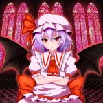  1girl ascot aura bat_wings bow brooch checkered checkered_floor crossed_arms fang hat hat_ribbon highres indoors jewelry lavender_hair looking_at_viewer misumo mob_cap parted_lips puffy_short_sleeves puffy_sleeves red_eyes remilia_scarlet ribbon short_hair short_sleeves skirt skirt_set slit_pupils solo stained_glass tile_floor tiles touhou window wings 