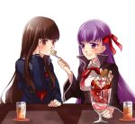 2girls bb_(fate/extra_ccc) brown_eyes brown_hair fate/extra_ccc fate_(series) feeding female_protagonist_(fate/extra) hair_ribbon long_hair multiple_girls nopo_(patter) parfait purple_hair ribbon translation_request violet_eyes 