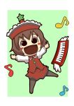  1girl black_hair blush_stickers brown_hair hat instrument keyboard_(instrument) lyrica_prismriver musical_note open_mouth pantyhose short_hair solo star touhou zannen_na_hito 