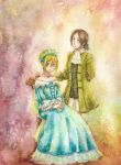  2girls ascot blue_dress chair christa_renz dress formal gown himetakenosumiso historical multiple_girls rococo shingeki_no_kyojin ymir_(shingeki_no_kyojin) 