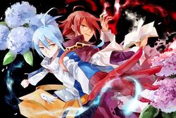  2boys ahoge bag blue_eyes blue_hair book flower glasses heterochromia jacket magic male multiple_boys outstretched_hand puyopuyo puyopuyo_fever red_eyes redhead sig strange_klug tekuc 