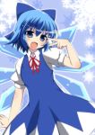  1girl blue_dress blue_eyes blue_hair cirno dress fang ice ice_wings looking_at_viewer mahjong mahjong_tile masiromu open_mouth puffy_sleeves shirt short_sleeves smile solo touhou wings 