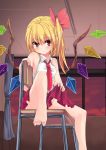  1girl bare_arms bare_legs bare_shoulders barefoot chair curtains flandre_scarlet hair_ribbon leg_up looking_at_viewer necktie no_panties noa_(nagareboshi) red_eyes ribbon shirt side_ponytail skirt skirt_lift sleeveless sleeveless_shirt solo touhou window wings 