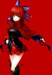  1girl blush boots bow breasts cape hair_bow highres long_sleeves okakingyo red_background red_eyes redhead sekibanki short_hair skirt smile solo touhou 