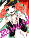  1girl bags_under_eyes bare_shoulders blood breasts cleavage diruchi_(zilch) eyeshadow hat large_breasts makeup midriff pixiv_punk_and_rock red_eyes redhead salute sleeveless solo stitches twintails zombie 