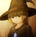  1girl black_clothes braid collarbone crystal hat jewelry light_brown_eyes light_brown_hair lionel_nakamura long_hair magical_girl necklace original robe witch_hat 
