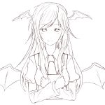  1girl bat_wings book book_hug dress_shirt face head_wings holding holding_book kawashina_(momen_silicon) koakuma lineart long_hair long_sleeves looking_at_viewer low_wings monochrome necktie shirt smile solo touhou transparent_background vest wings 