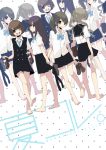  4girls barefoot black_hair bowtie brown_hair happy legs matsuda98 multiple_girls necktie school_uniform shoes_on_hands shoes_removed side_ponytail skirt smile twintails vest wink 