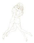  2girls barefoot bottomless christa_renz full_body graphite_(medium) highres hug monochrome multiple_girls peppeshisugi shingeki_no_kyojin short_hair sleeveless traditional_media ymir_(shingeki_no_kyojin) 