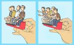  1608_(no.26) 4boys blue_background comic gaijin_4koma grey_hair hands meta multiple_boys pointing puppet simple_background toy 